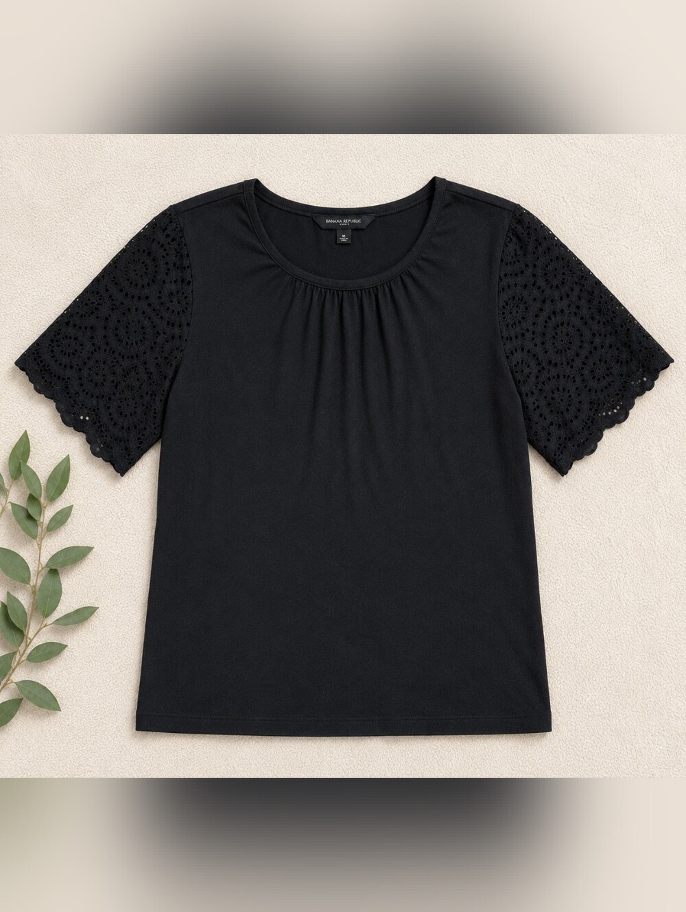 Banana Republic Eyelet Sleeve Top Black Cotton Modal Blouse